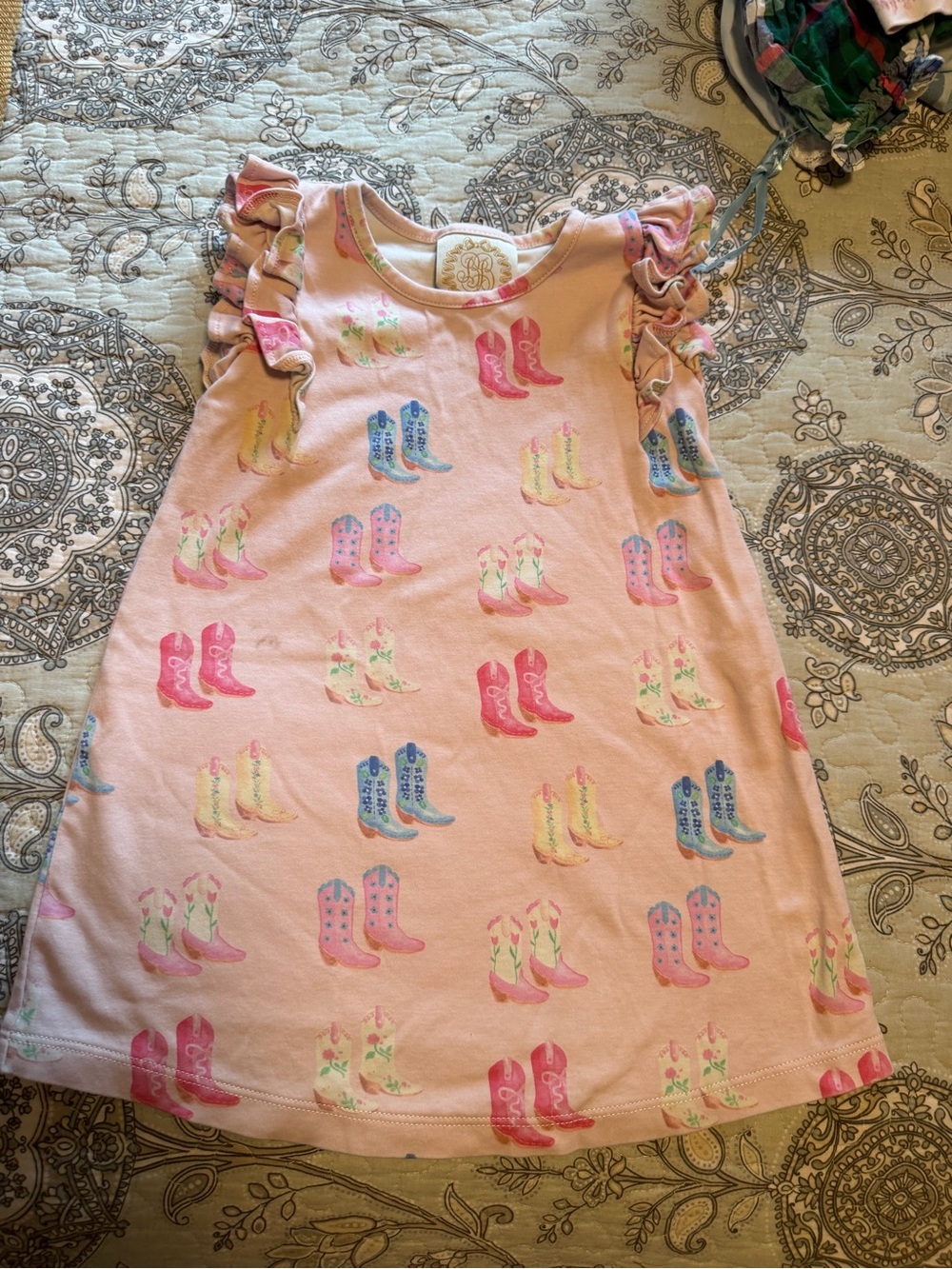 The Beaufort Bonnet Company Pink Cowboy Boot Print Ruffle Sleeve Dress